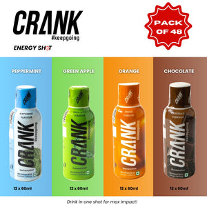 Crank Energy Shot – Pack of 48 (12 x 60ml in 4 Flavors: Green Apple, Orange, Peppermint & Chocolate)