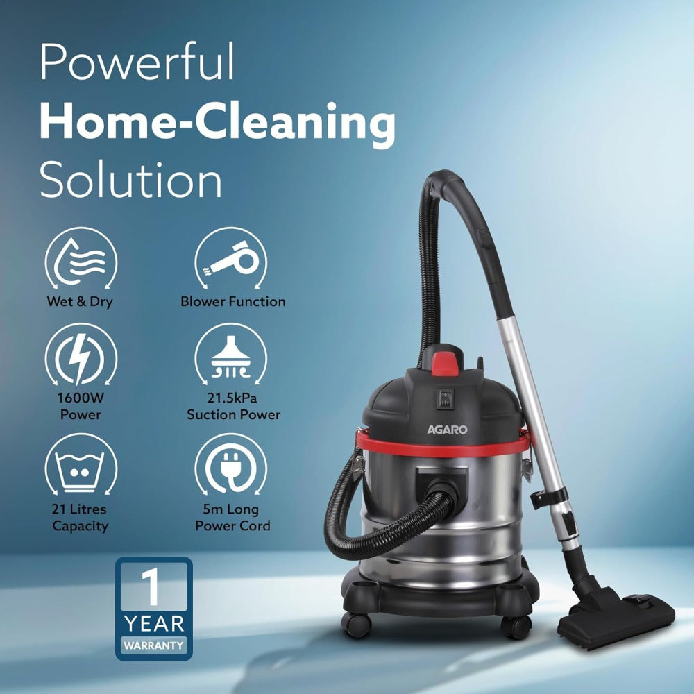 Agaro Ace 1600W Wet & Dry Vacuum Cleaner - Black