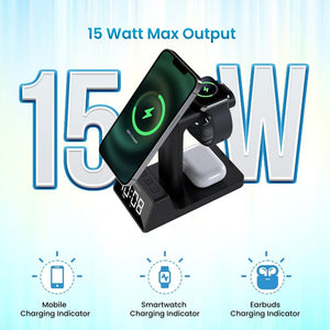 Portronics Bella 2 Magnetic 15W 3-in-1 Wireless Fast Charging Station with Digital Clock & Alarm - Black