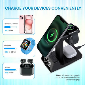 Portronics Bella 2 Magnetic 15W 3-in-1 Wireless Fast Charging Station with Digital Clock & Alarm - Black