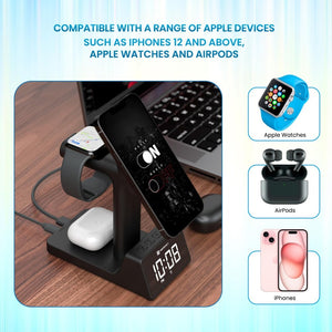 Portronics Bella 2 Magnetic 15W 3-in-1 Wireless Fast Charging Station with Digital Clock & Alarm - Black