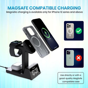 Portronics Bella 2 Magnetic 15W 3-in-1 Wireless Fast Charging Station with Digital Clock & Alarm - Black