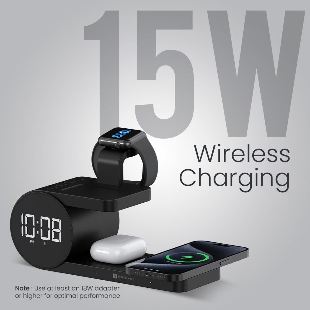 Portronics Freedom 6 | 15W 5-in-1 Wireless Charger with Digital Clock & Alarm - Black