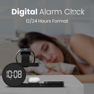 Portronics Freedom 6 | 15W 5-in-1 Wireless Charger with Digital Clock & Alarm - Black