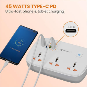 Portronics Power Plate 16 with 3 Power Sockets & 3 USB Ports + 1 Type-C PD Charging Extension Board - White