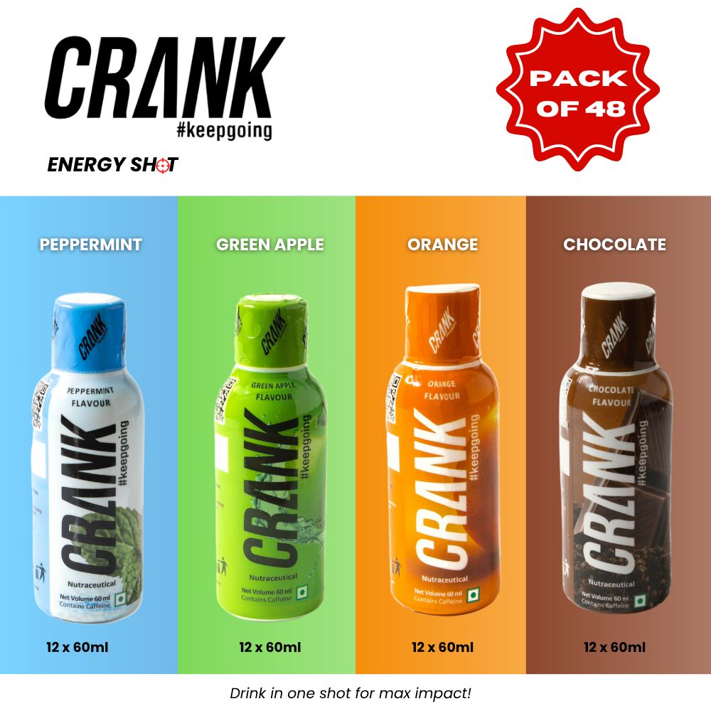 Crank Energy Shot – Pack of 48 (12 x 60ml in 4 Flavors: Green Apple, Orange, Peppermint & Chocolate)