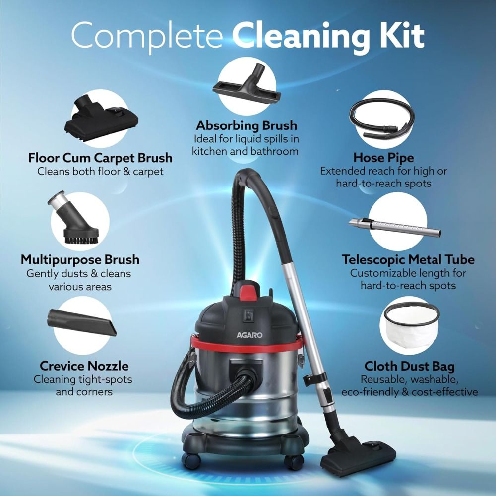 Agaro Ace 1600W Wet & Dry Vacuum Cleaner - Black
