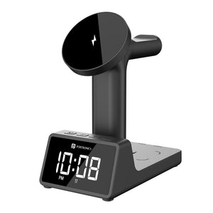 Portronics Bella 2 Magnetic 15W 3-in-1 Wireless Fast Charging Station with Digital Clock & Alarm - Black