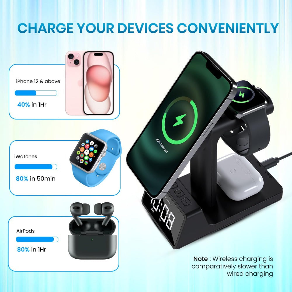 Portronics Bella 2 Magnetic 15W 3-in-1 Wireless Fast Charging Station with Digital Clock & Alarm - Black