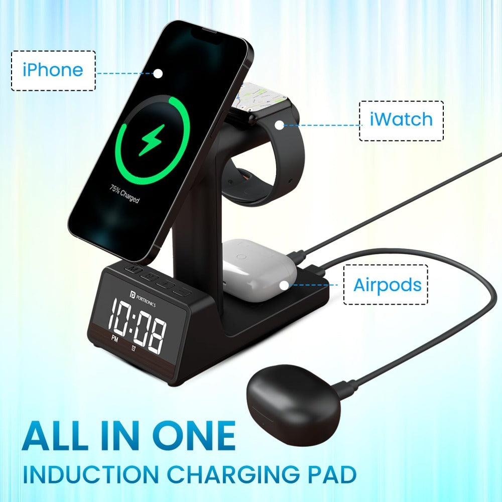 Portronics Bella 2 Magnetic 15W 3-in-1 Wireless Fast Charging Station with Digital Clock & Alarm - Black