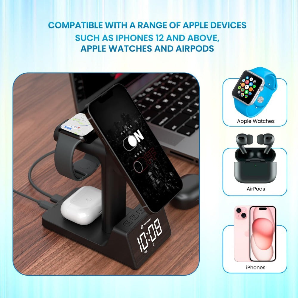 Portronics Bella 2 Magnetic 15W 3-in-1 Wireless Fast Charging Station with Digital Clock & Alarm - Black