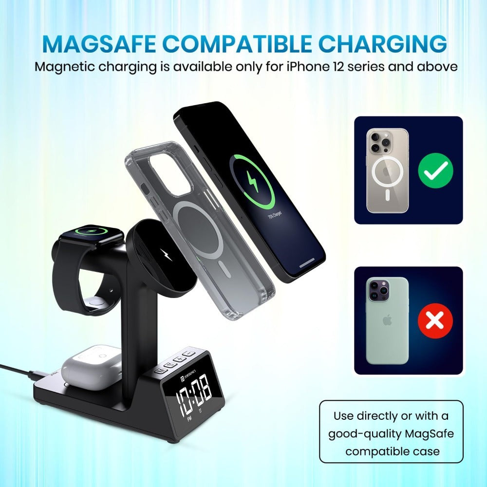 Portronics Bella 2 Magnetic 15W 3-in-1 Wireless Fast Charging Station with Digital Clock & Alarm - Black