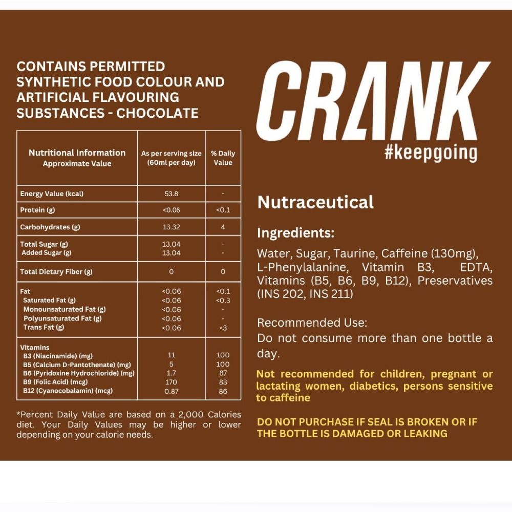Crank Energy Shot – Chocolate Flavour, Pack of 12 (60ml each)