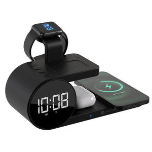 Portronics Freedom 6 | 15W 5-in-1 Wireless Charger with Digital Clock & Alarm - Black