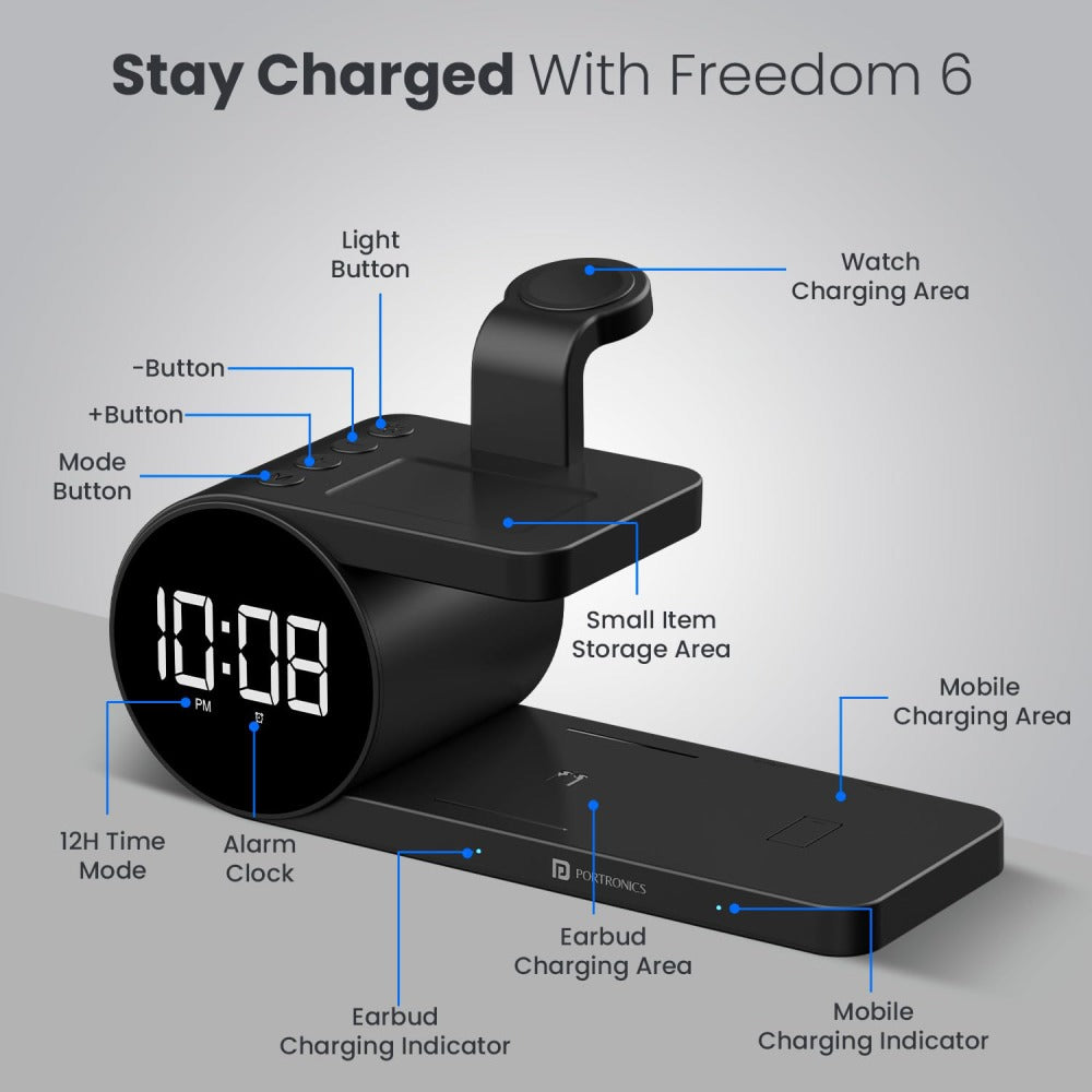 Portronics Freedom 6 | 15W 5-in-1 Wireless Charger with Digital Clock & Alarm - Black