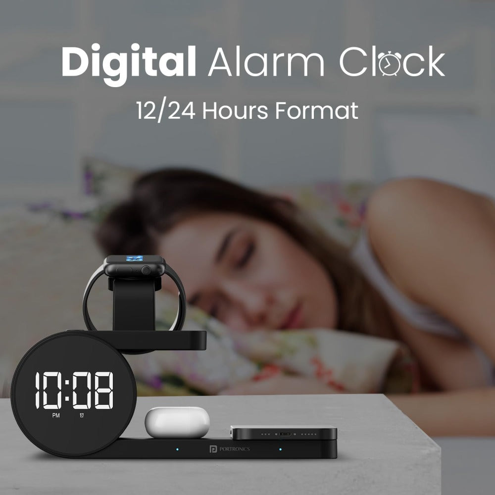 Portronics Freedom 6 | 15W 5-in-1 Wireless Charger with Digital Clock & Alarm - Black