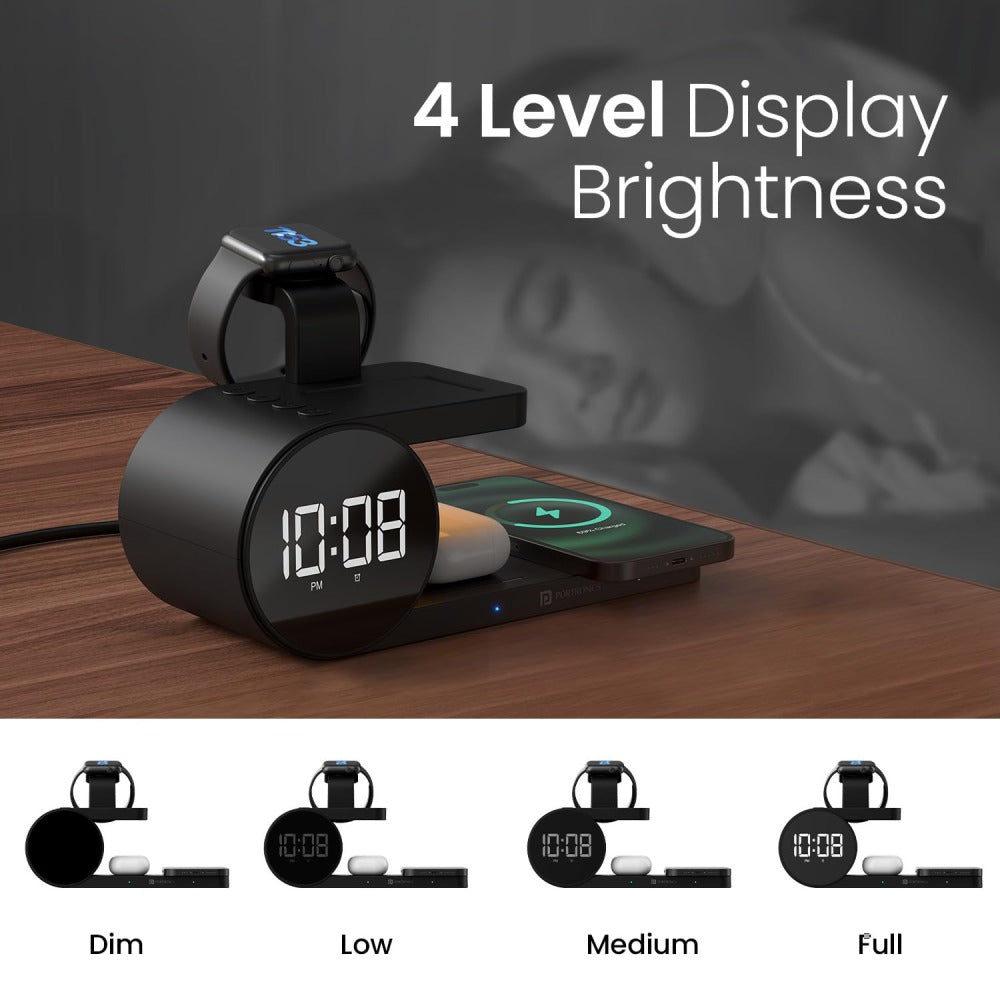 Portronics Freedom 6 | 15W 5-in-1 Wireless Charger with Digital Clock & Alarm - Black