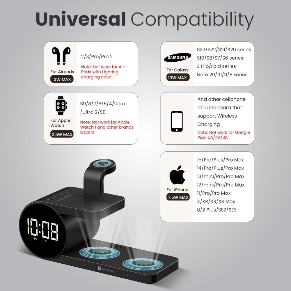 Portronics Freedom 6 | 15W 5-in-1 Wireless Charger with Digital Clock & Alarm - Black