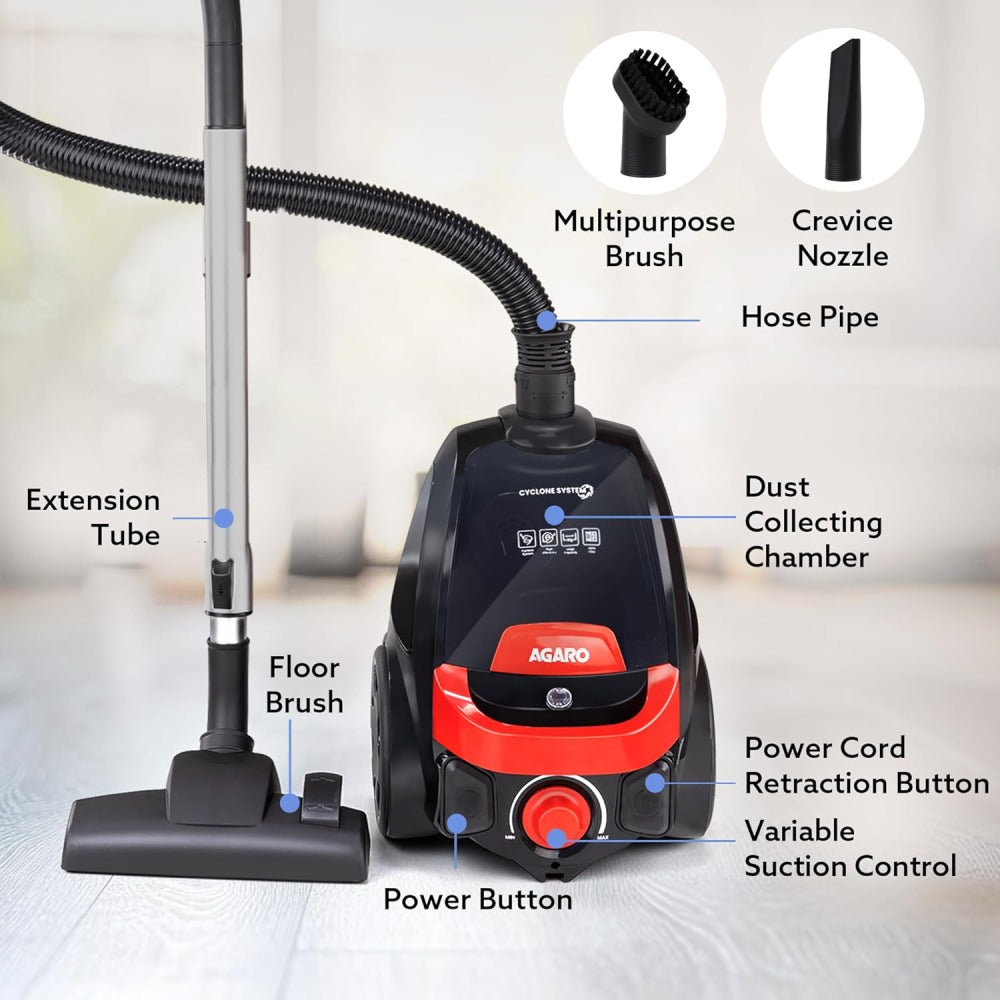 Agaro Icon 1600W Bagless Dry Vacuum Cleaner - Black & Red