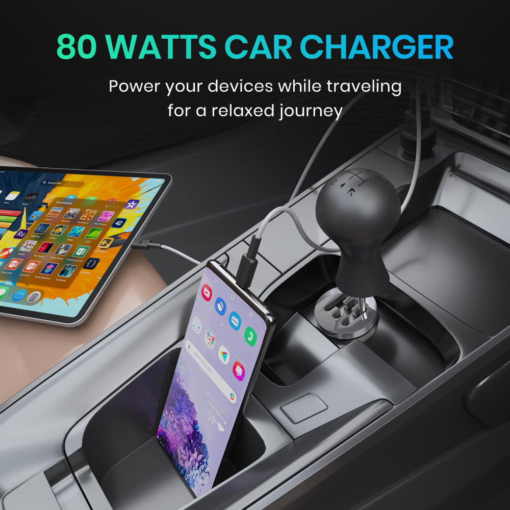 Portronics 80W Fast Car Charger with Type-C PD & USB Output - Black