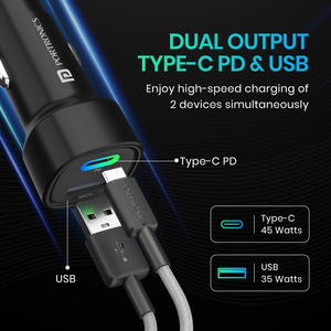 Portronics 80W Fast Car Charger with Type-C PD & USB Output - Black