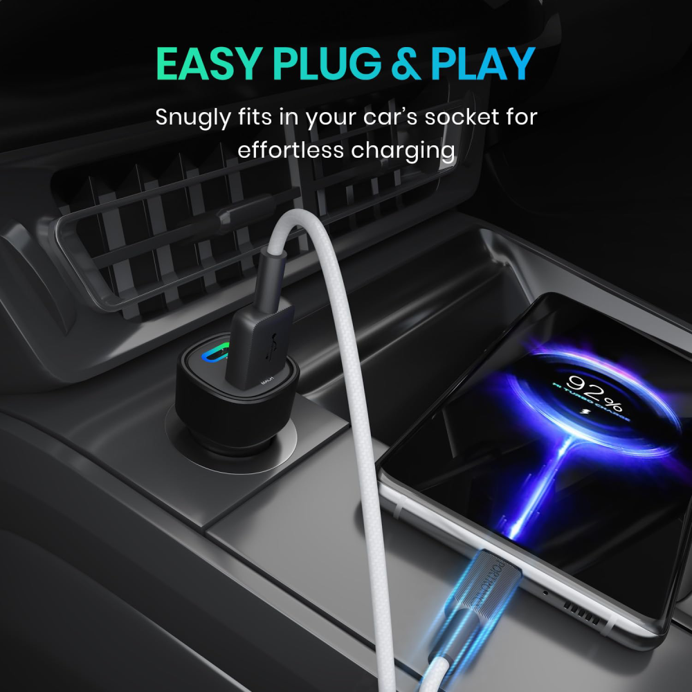 Portronics 80W Fast Car Charger with Type-C PD & USB Output - Black