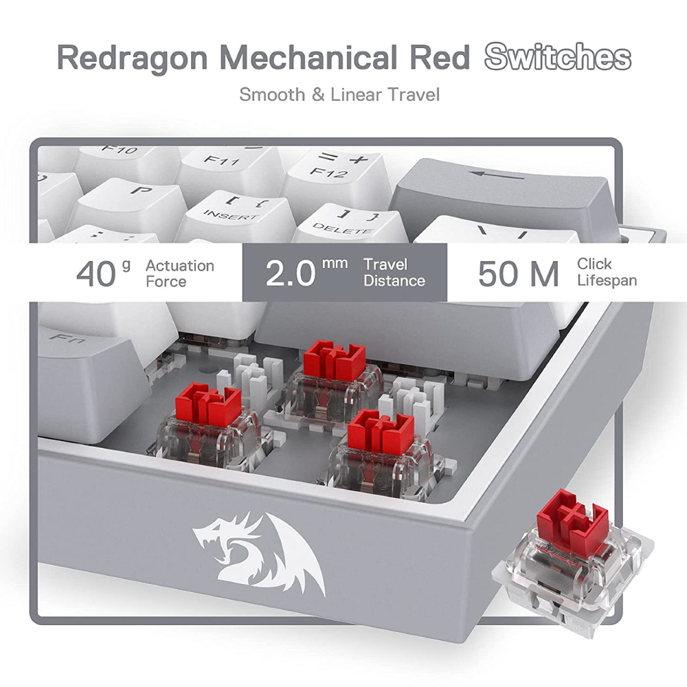 Redragon Fizz K617 60% Wired Mechanical Keyboard with Red Switches - White & Grey