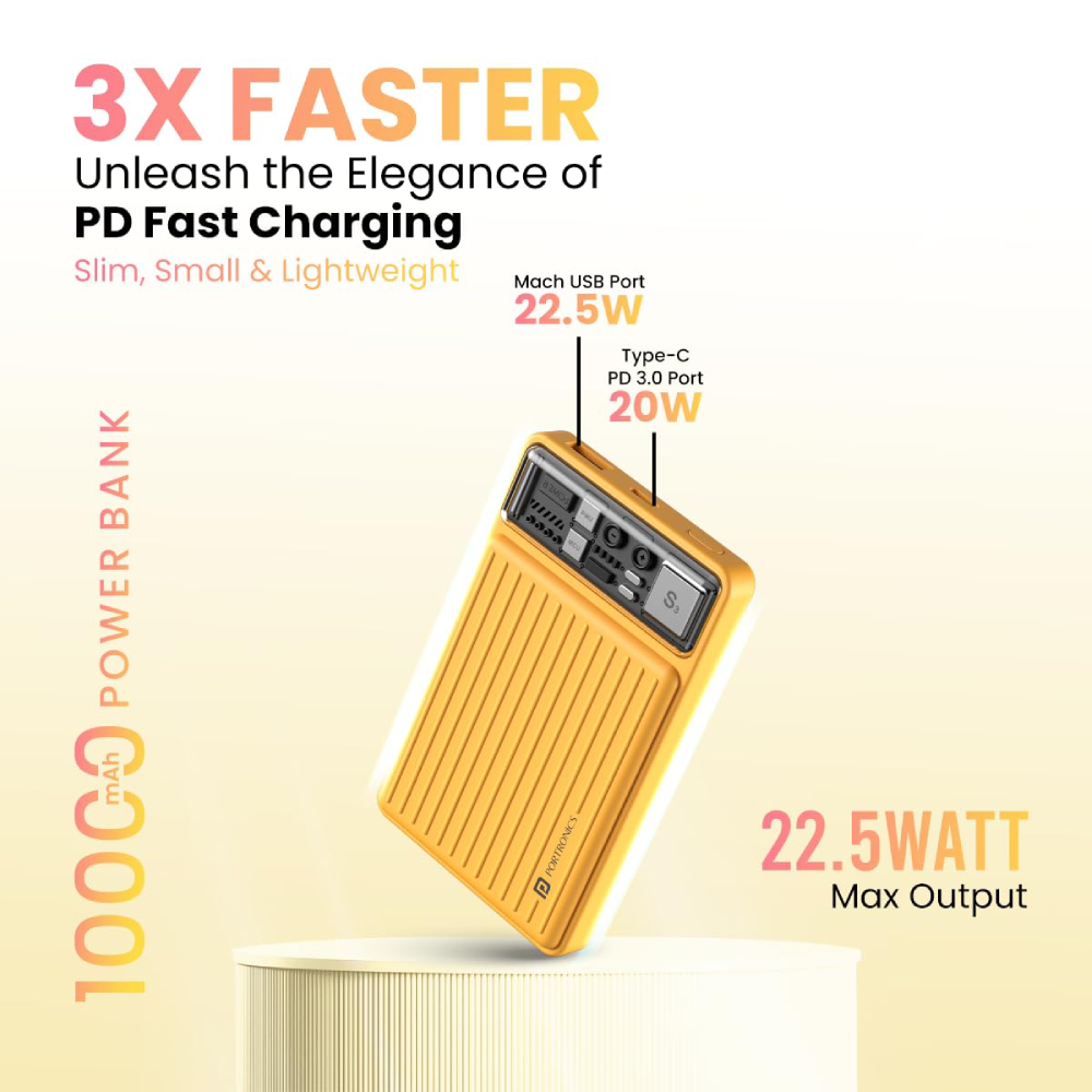 Portronics Luxcell Mini 10K 10000mAh Charging Power Bank - Yellow