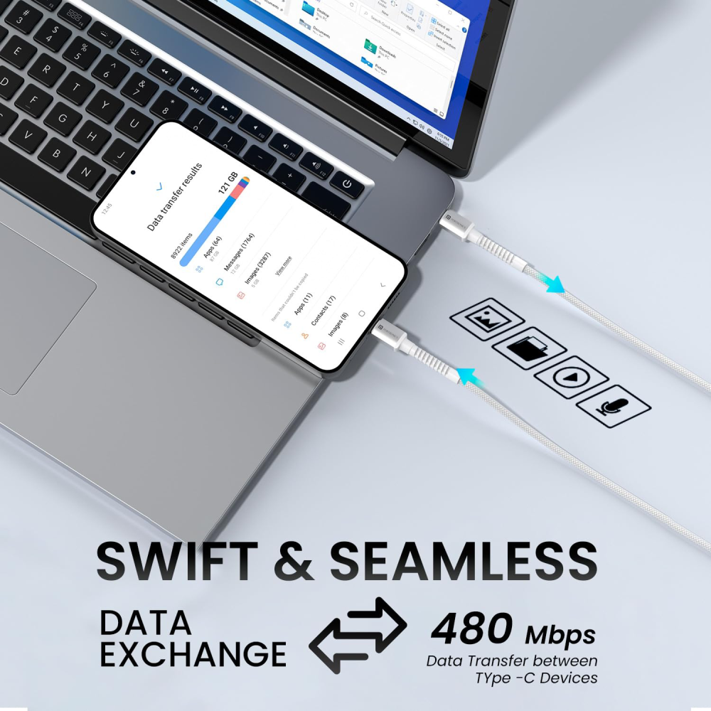 Portronics Konnect X 60W Fast Charging 1M Type-C to Type-C Cable - White