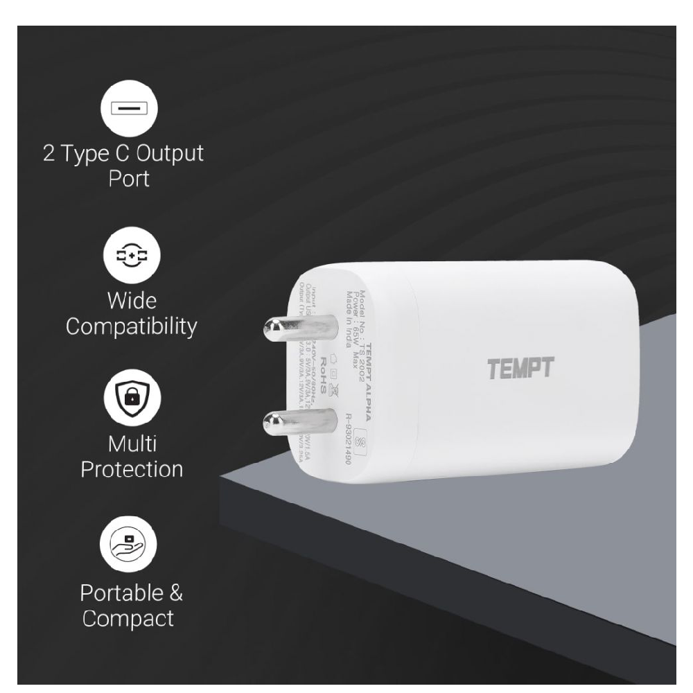 Tempt Alpha 65W Dual Port Smart Fast Charging Adaptor