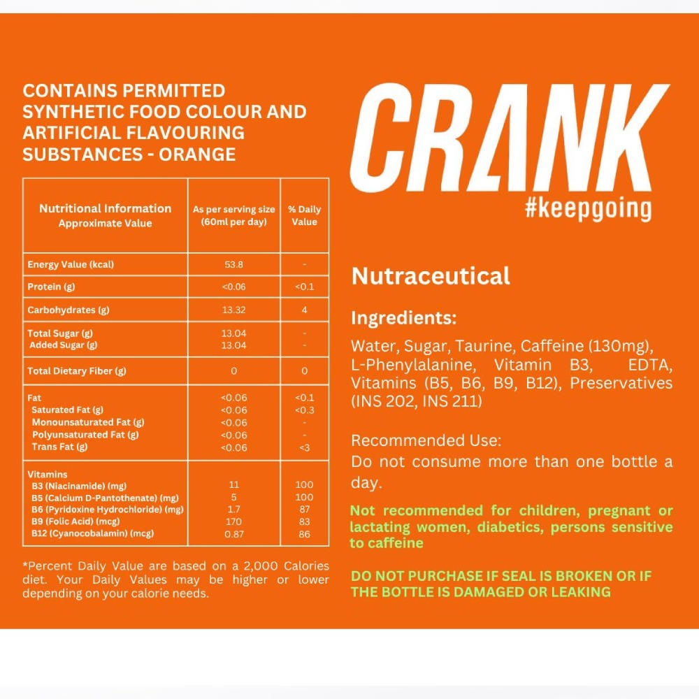 Crank Energy Shot – Orange Flavour, Pack of 12 (60ml each)