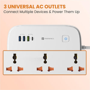 Portronics Power Plate 16 with 3 Power Sockets & 3 USB Ports + 1 Type-C PD Charging Extension Board - White
