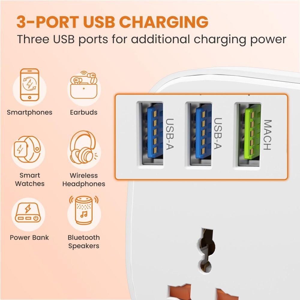 Portronics Power Plate 16 with 3 Power Sockets & 3 USB Ports + 1 Type-C PD Charging Extension Board - White