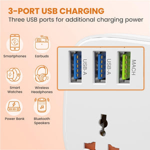Portronics Power Plate 16 with 3 Power Sockets & 3 USB Ports + 1 Type-C PD Charging Extension Board - White