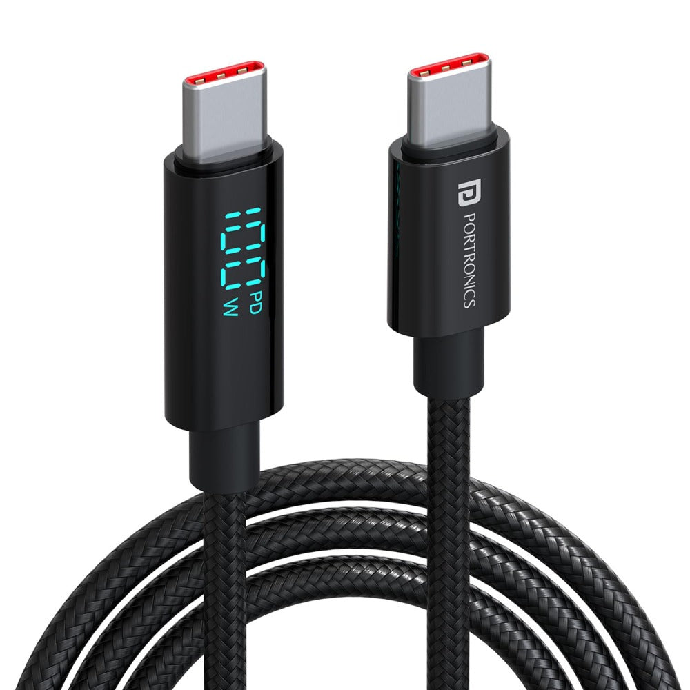 Portronics Konnect View 100W PD Type C to Type C Cable with LED Wattage Display - Black
