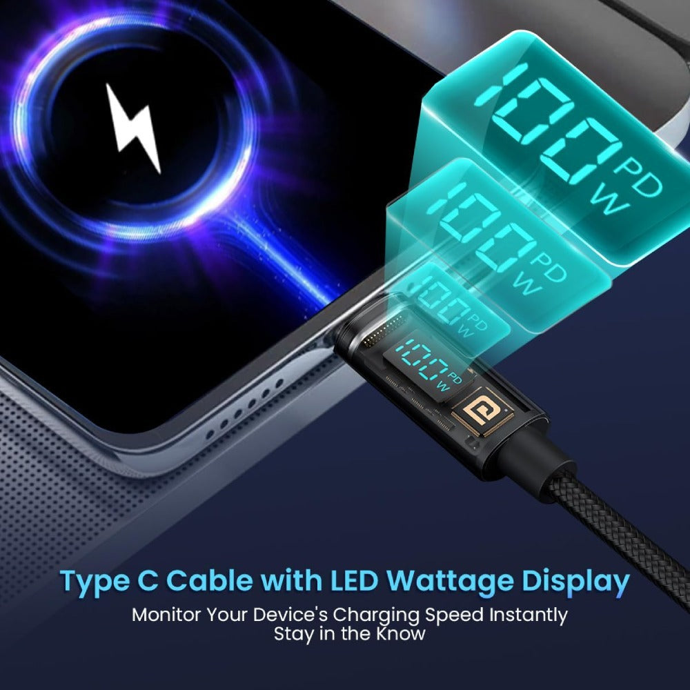 Portronics Konnect View 100W PD Type C to Type C Cable with LED Wattage Display - Black