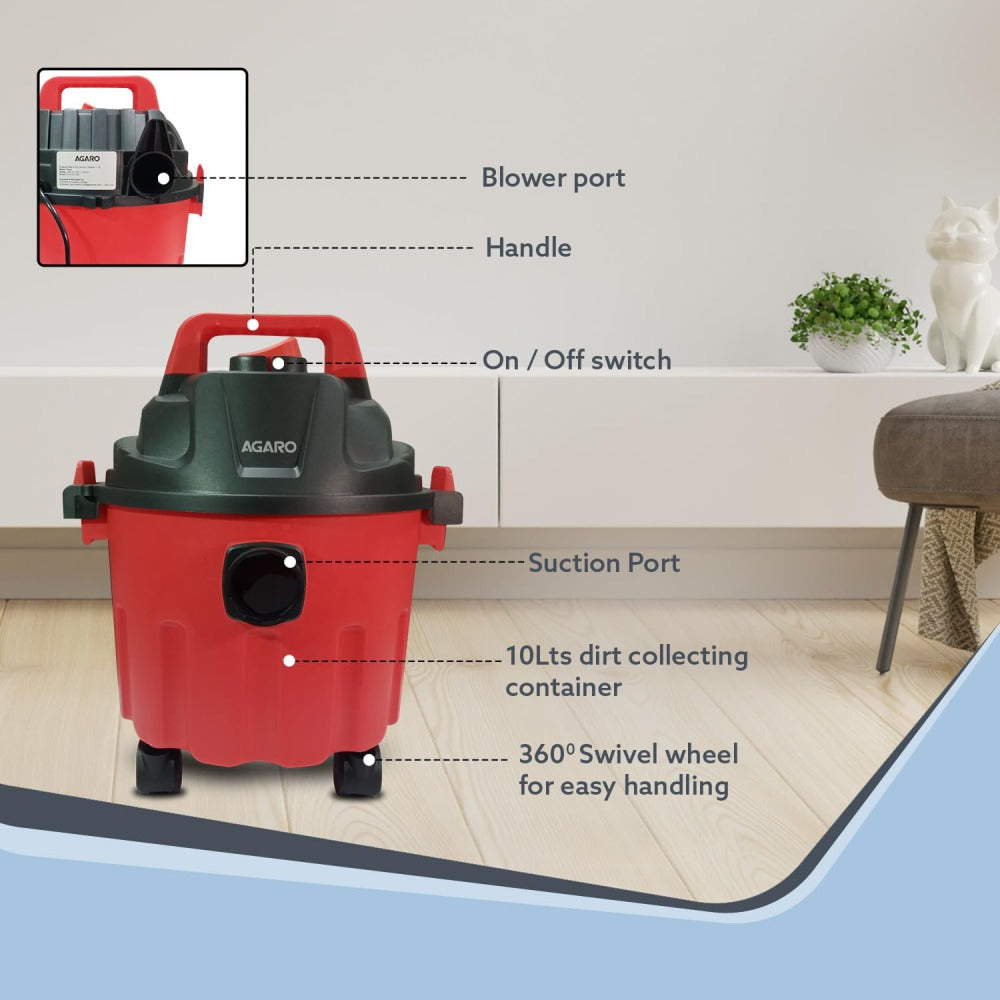 Agaro 1000W Wet & Dry Rapid Vacuum Cleaner - Red & Black